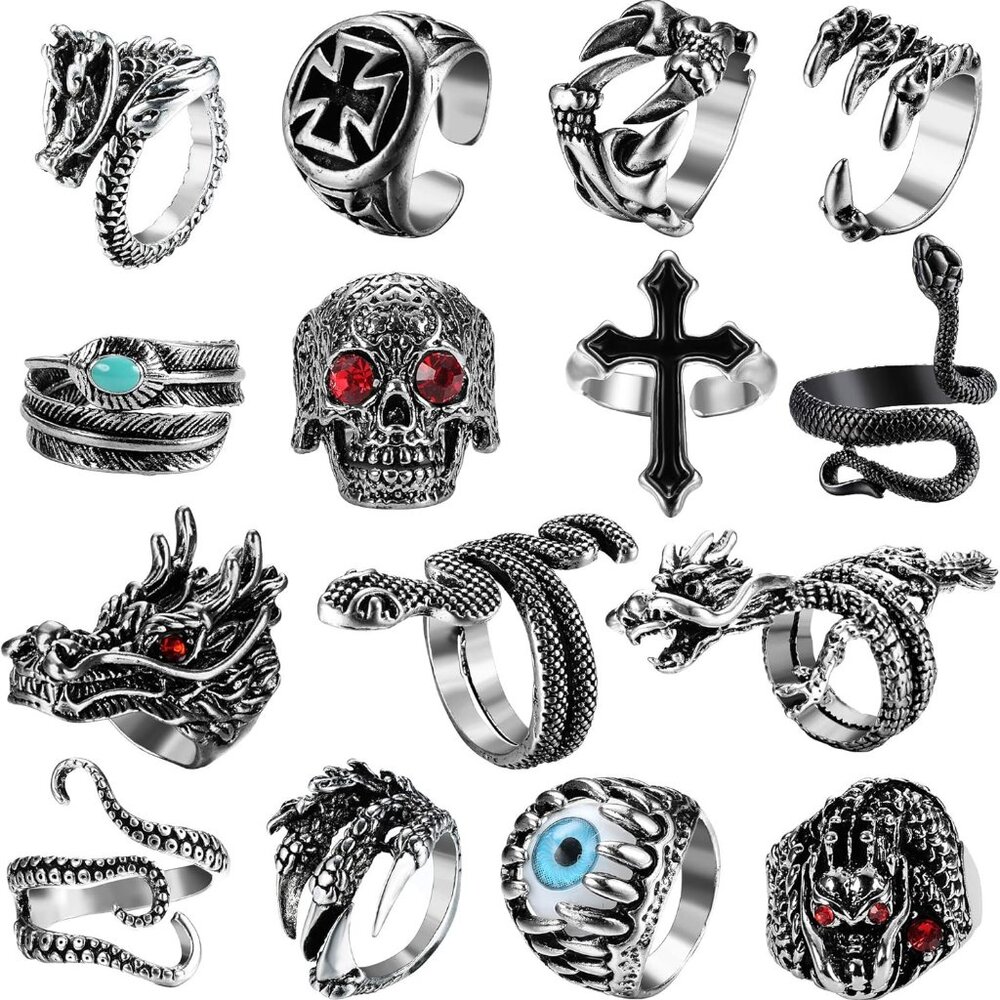 15Pcs Vintage Punk Rings for Men Women Snake Ring Dragon Open Rings Set Knuckle